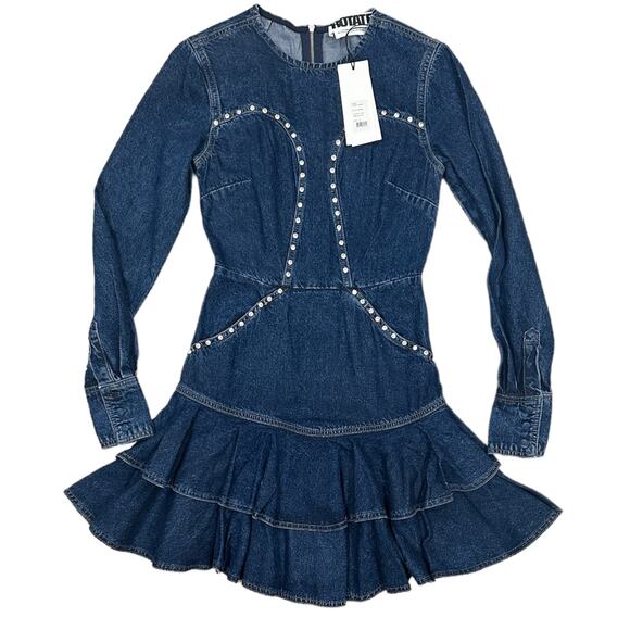 Denim Mini Dress with Ruffle Hem - Picture 2 of 8